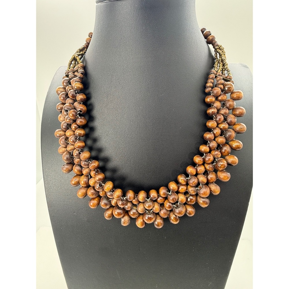 90s Brown Wood Bead Multi Strand Bib Statement Necklace Bronze Tone Seed Beads